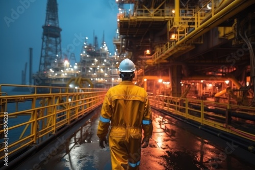 An offshore oil rig worker walks to an oil and gas facility to work in the process area. maintenance and services in hazardous areas
