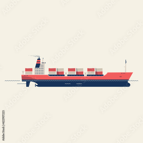 Marine vessel carrying containers. Flat vector illustration