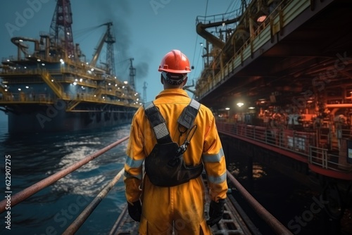 An offshore oil rig worker walks to an oil and gas facility to work in the process area. maintenance and services in hazardous areas photo