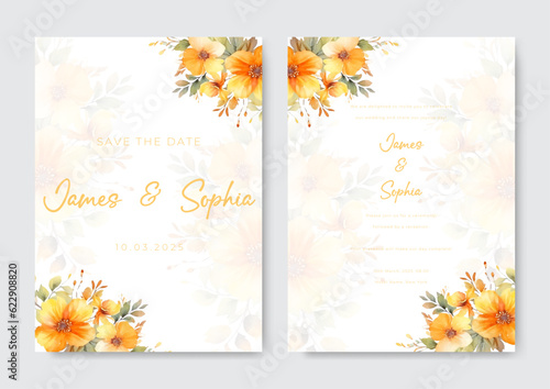 floral wedding invitation template set with elegant brown leaves decoration