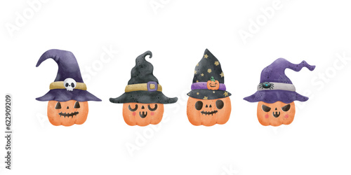 set of jack o lantern pumpkin wearing witch hat watercolor Happy Halloween holiday. Orange pumpkin with smile design for trick or Treating symbol isolated on white background Vector illustration
