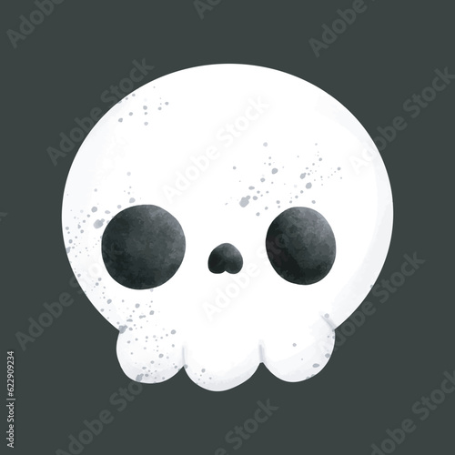 Little cute skull head Happy Halloween watercolor Halloween scary ghostly monsters. Cartoon spooky character trick or Treating isolated on black background Vector illustration.