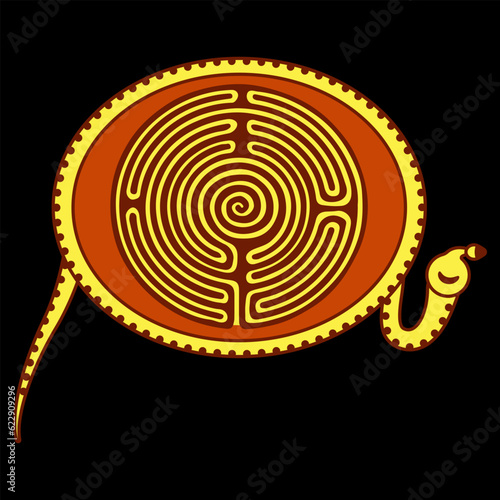 Round spiral maze or labyrinth inside ancient Egyptian sacred symbol. Sun disk in a snake ring. Eye of god Re or Ra. Creative religious concept. On black background.