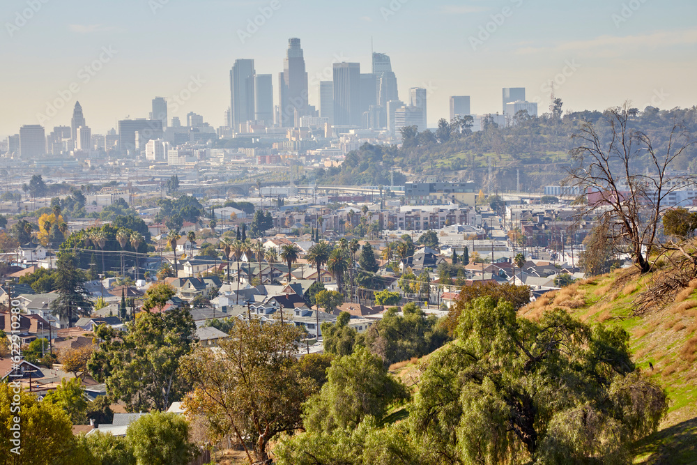 Skyline of Los Angeles from the hills of east LA, California on a sunny day