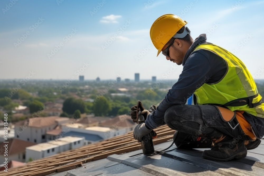 A construction worker wears a seat belt while working on the roof structure of a building at a construction site. Install concrete roof tiles on the roof above. A construction worker wears a seat belt while working on the roof structure of a building at a construction site. Install concrete roof tiles on the roof above.