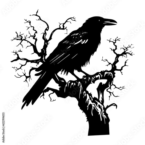Raven on a branch, vector art, isolated on white background, vector illustration.