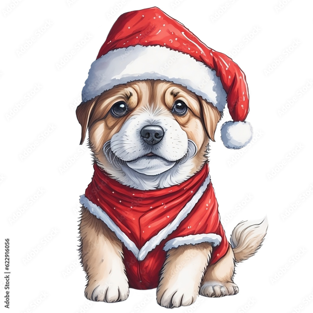 Lovely Dog Wear Santa Claus Suit in Watercolor Style