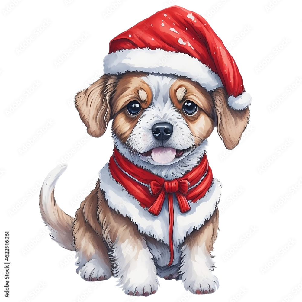 Pretty Dog Wear Santa Claus Suit in Watercolor Style