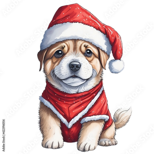Lovely Dog Wear Santa Claus Suit in Watercolor Style © steafpong