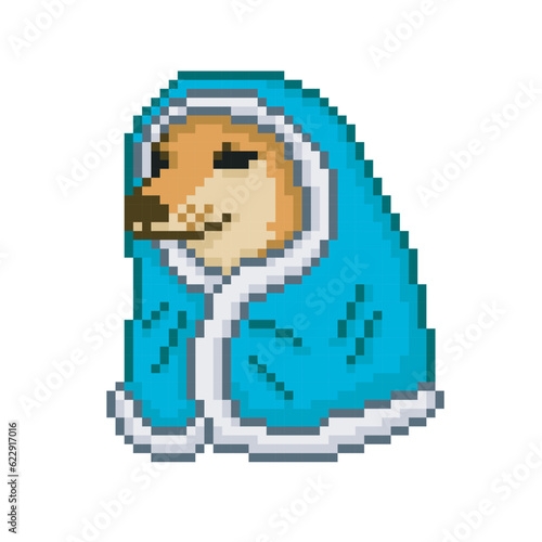 Drawing of a dog covering itself with a blanket, pixel art meme 