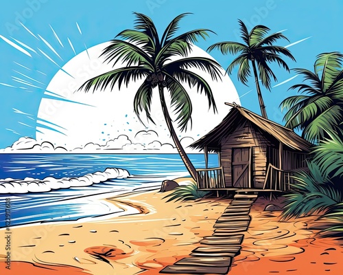 A sunny beach with palm trees, hut, blue sky, and ocean waves. (Generative AI)