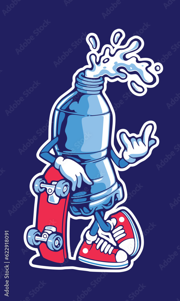 Water bottle skateboarding premium vector illustration, Flat Cartoon Style