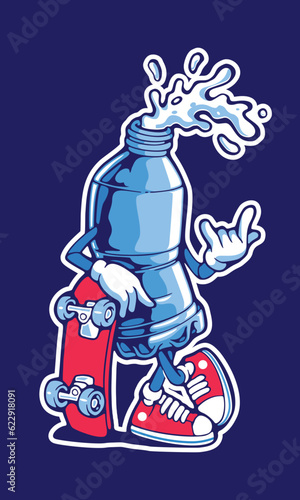 Water bottle skateboarding premium vector illustration, Flat Cartoon Style
