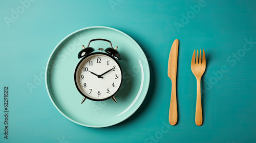 Concept of intermittent fasting, showing an empty plate and a clock. The practice of eating within specific time frames to promote better health and weight management. Generative AI