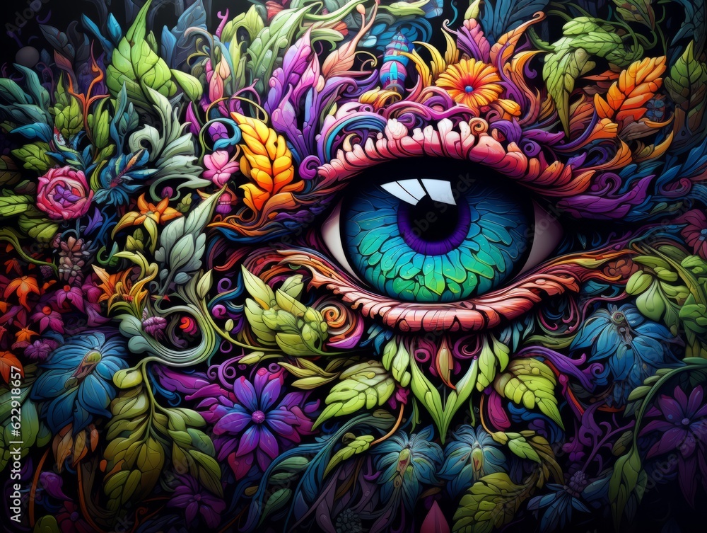 Illustration a vibrant eye surrounded by a colorful bouquet of flowers created with Generative AI technology