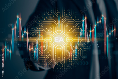 Businessman Touch Screen and EA Expert Advisor Icon in Vintage Tone