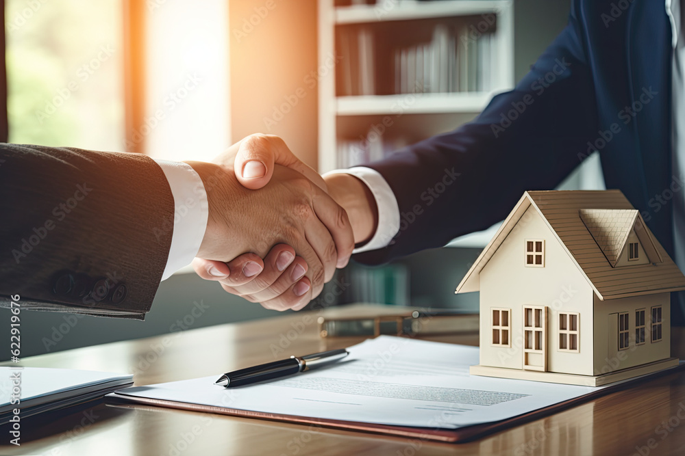 Estate agent shaking hands with buyer after signing the contract. Mortgage, home loan and insurance concept. Generative AI