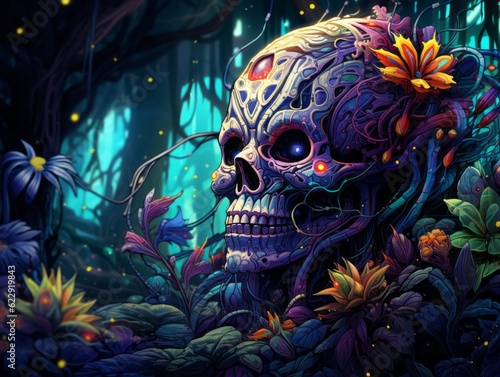 Illustration a skull painting surrounded by vibrant flowers created with Generative AI technology