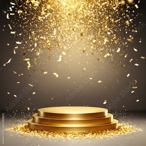 realistic golden podium with sparkling confetti with white gradient as generated with ai