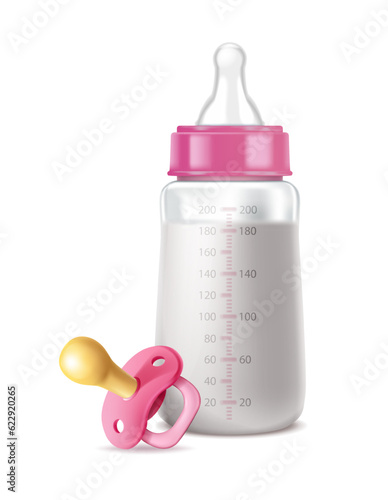 3d realistic vector icon illustration. Baby girl pink milk bottle with pacifier. Isolated on white.