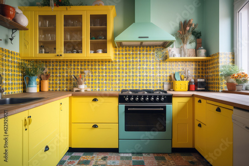 A bright and cheerful kitchen with a retro-inspired design. The room features a colorful tiled backsplash and vintage appliances. The walls are painted in a sunny yellow color, generative AI