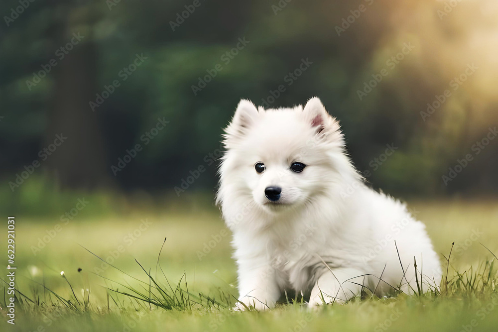 portrait of cute fluffy white fluffy dog japanese spitz on neutral natural background created with generative ai technology