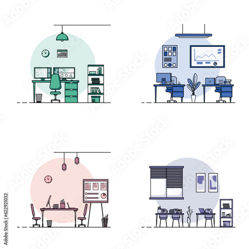 Collection of working table flat design, Concept of working desk interior with furniture. Work room and computer, desktop, table, chair, book, and stationary equipment. Work table cartoon illustration
