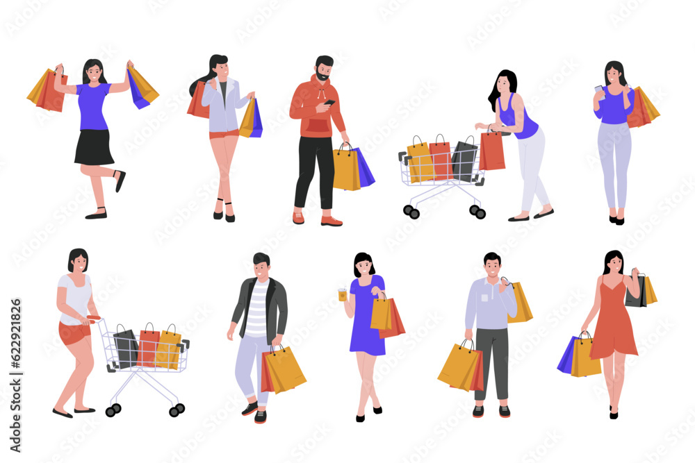 Naklejka premium Collection set of people shopping with bags and trolley. Sale offer, joyful guy and girl. Flat vector illustration isolated on white background