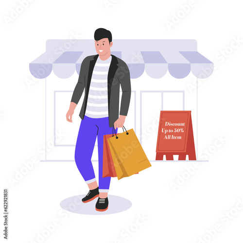 Men shopping with bags. Sale offer, joyful guy. Flat vector illustration isolated on white background