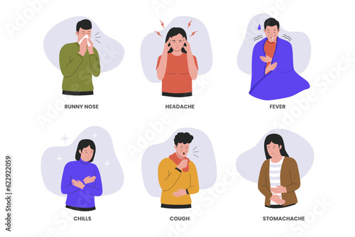Set of sick people characters. Sick people feeling unwell, cough, runny nose, chills, fever and, headache. Flat vector illustration isolated on white background