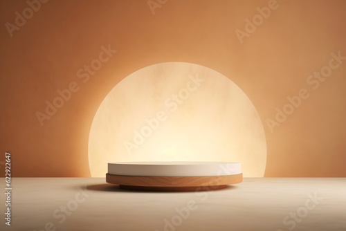Canvas Print Wooden product display presentation or showcase pedestal orange led light backgr
