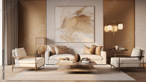 Stylish Living Room Interior with an Abstract Frame Poster  Modern interior design  3D render  generative AI