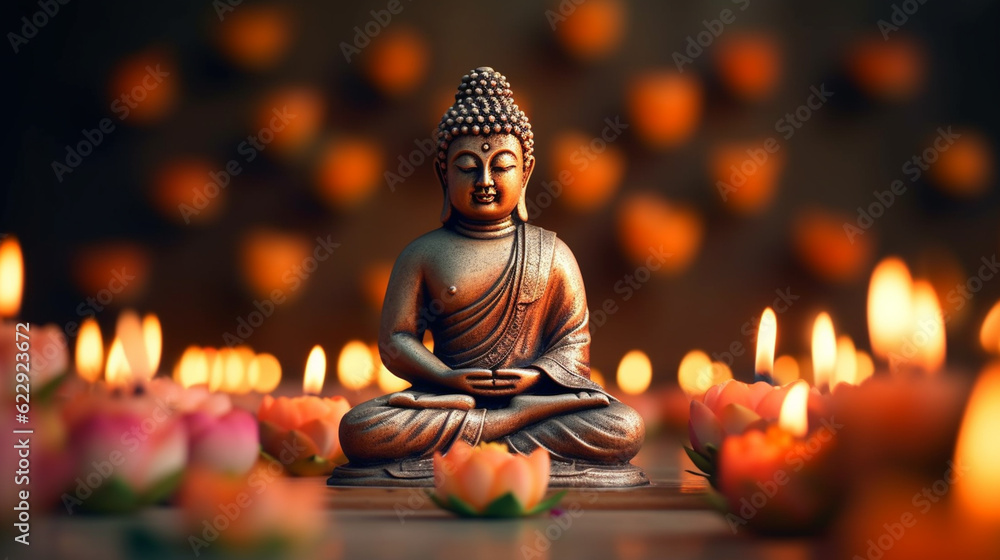 there is a statue of buddha sitting in front of a group of candles. generative ai.