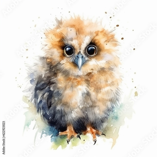 there is a watercolor painting of a small owl with big eyes. generative ai.