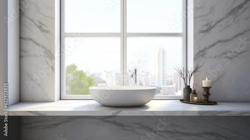 there is a white bathtub sitting on a counter in front of a window. generative ai.