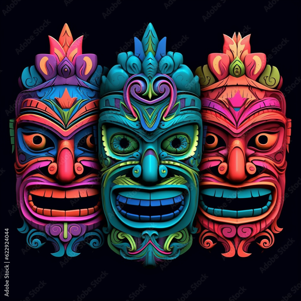 three colorful tiki masks with faces on a black background. generative ai.