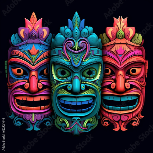 three colorful tiki masks with faces on a black background. generative ai. © Tasfia Ahmed