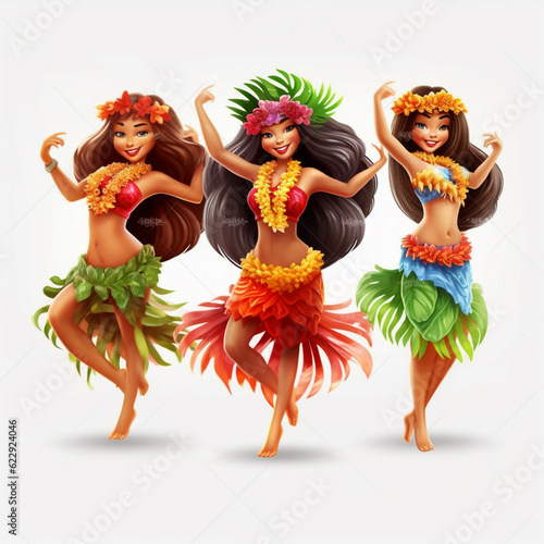 three beautiful hawaiian hula dancers in grass skirts and flower garlands. generative ai. photo