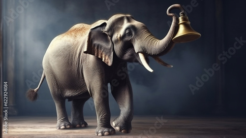 there is an elephant standing with a bell in its trunk. generative ai.