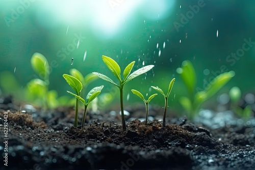Photo young plants growing up on ground with raining drop save the life