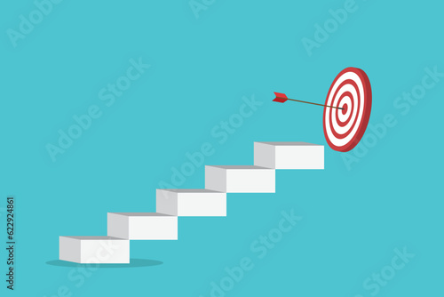 Goal, motivation to success. Climb up stairs to reach  goal target on the top.