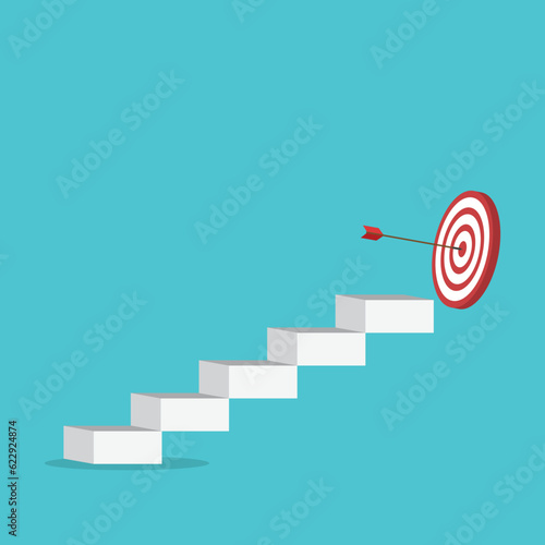 Goal, motivation to success. Climb up stairs to reach  goal target on the top.