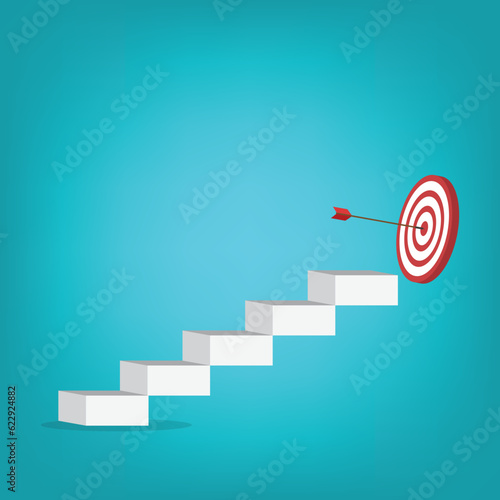 Goal, motivation to success. Climb up stairs to reach goal target on the top.