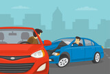 Close-up of a driver looks back after other car hits rear side. Road accident scene. Flat vector illustration template.