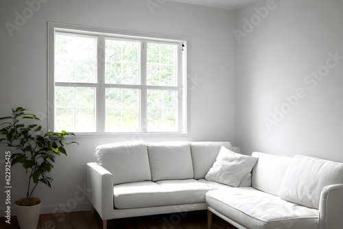white wall, sofa, window Generative AI