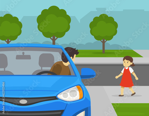 Close-up of a driver looks back before moving reverse in the driveway. Little girl walks behind the parked car. Flat vector illustration template.