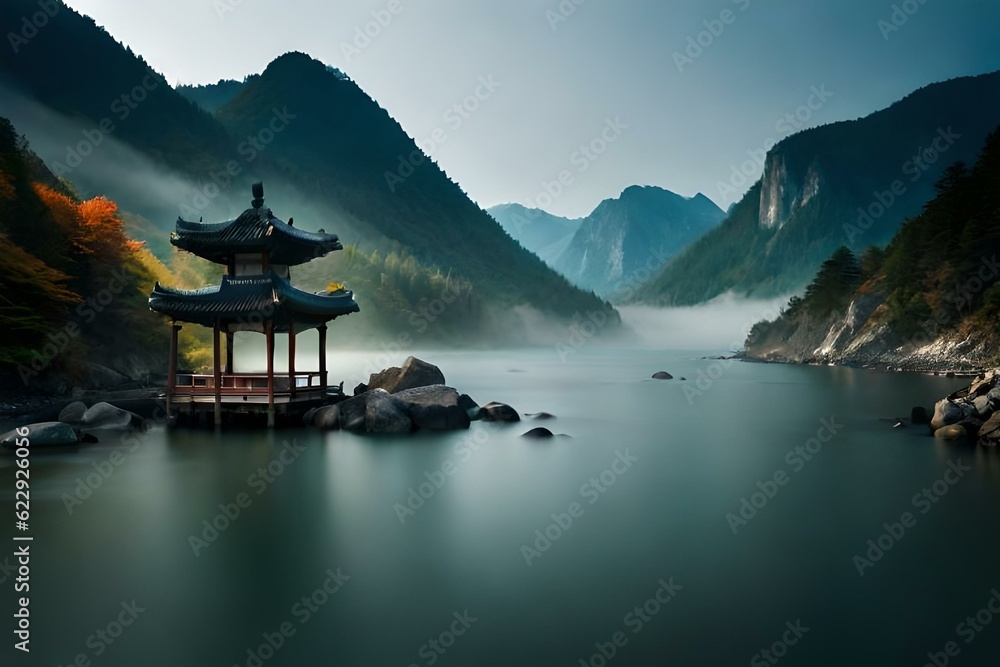 Obraz premium Korean Lake and Pavilion Generative AI