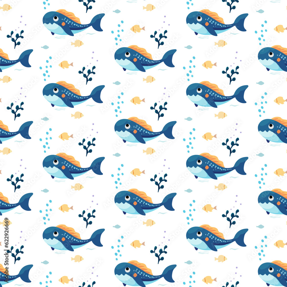 Naklejka premium Seamless pattern with cute shark and algae on white background