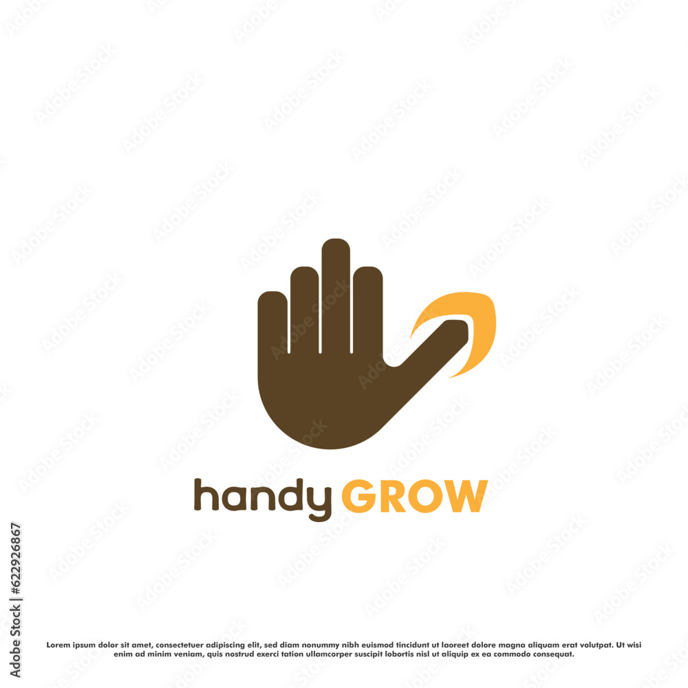 Obraz premium Hand growing logo design illustration. Hand gesture silhouette flourish modern simple flat top. Company business skills symbol icon.