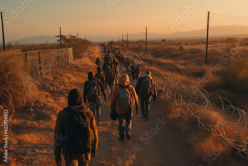 Shadows of migrants pressing forward, their path filled with hope Generative AI